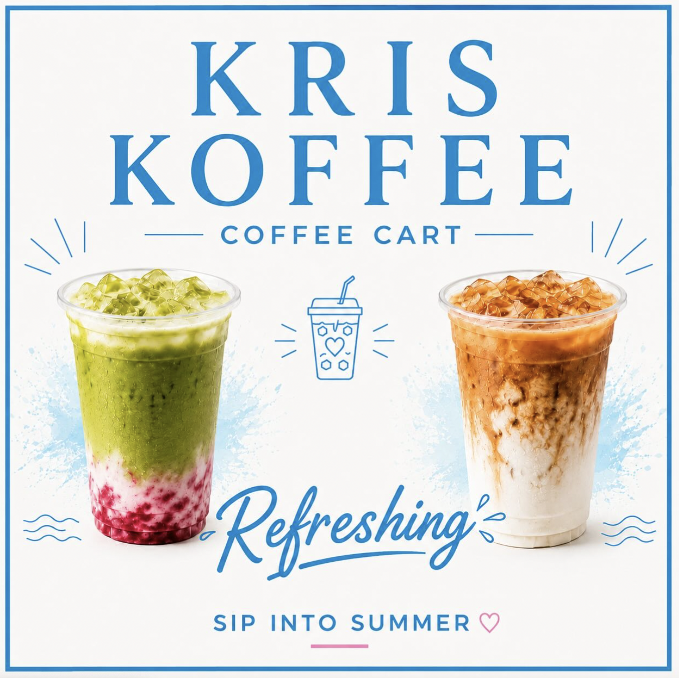 Kris Koffee branding with a strawberry matcha and an iced latte